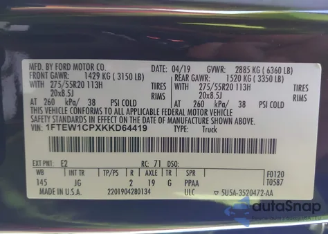 2019 Ford F-150 Xl из США, поврежденный, VIN 1FTEW1CPXKKD64419